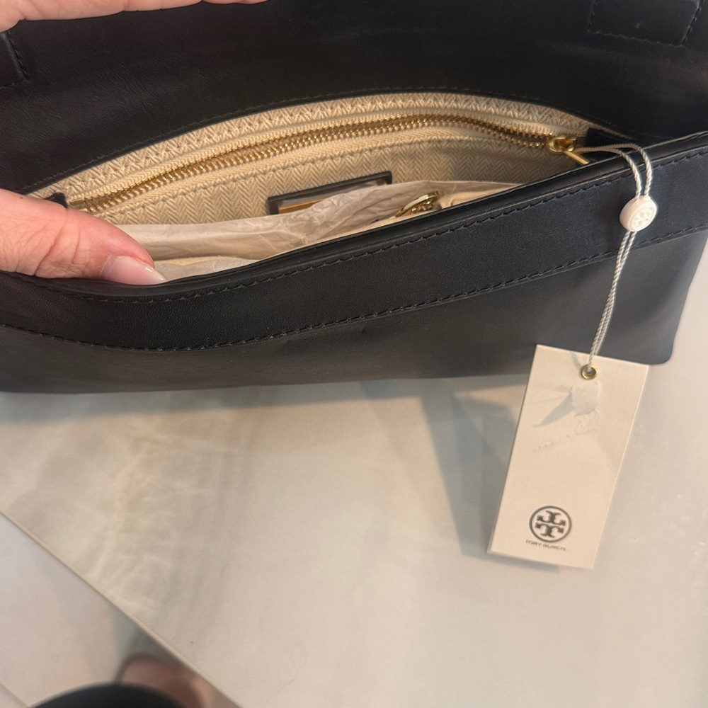 Tory Burch Black Leather Logo Foldover Clutch - Picture 3 of 5